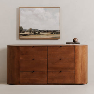 Moe's Home Theo 6 Drawer Dresser In Solid Oak With Soft-close Glides And Minimalist Curved Design For Elegance Brown Solid Oak,Back, Mdf Veneer Oak Rp-1013-03