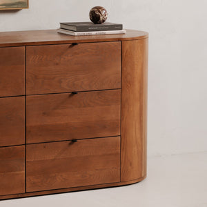 Moe's Home Theo 6 Drawer Dresser In Solid Oak With Soft-close Glides And Minimalist Curved Design For Elegance Brown Solid Oak,Back, Mdf Veneer Oak Rp-1013-03