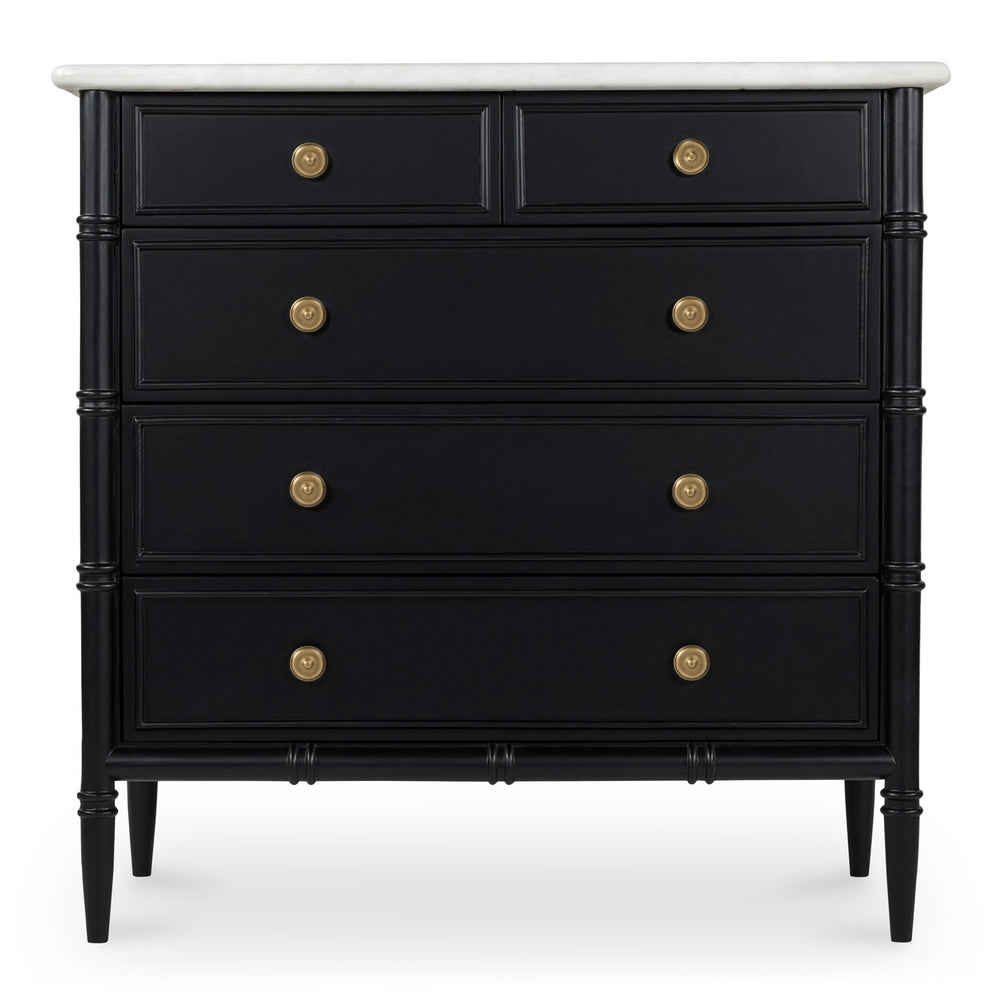 Moe's Home Eleanor 5 Drawer Chest - Timeless Provence Style With Marble Top And Elegant Brass Hardware Details Black Banswara Marble Top,Mdf Frame,Case,And Drawers Rp-1060-02