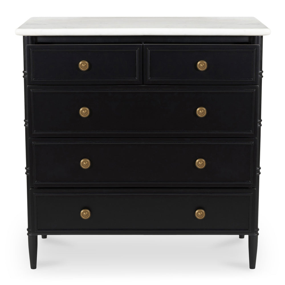Moe's Home Eleanor 5 Drawer Chest - Timeless Provence Style With Marble Top And Elegant Brass Hardware Details Black Banswara Marble Top,Mdf Frame,Case,And Drawers Rp-1060-02