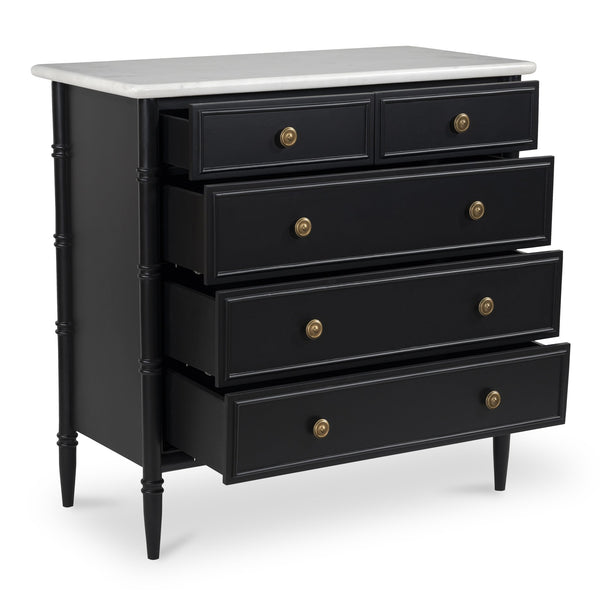 Moe's Home Eleanor 5 Drawer Chest - Timeless Provence Style With Marble Top And Elegant Brass Hardware Details Black Banswara Marble Top,Mdf Frame,Case,And Drawers Rp-1060-02