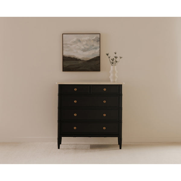 Moe's Home Eleanor 5 Drawer Chest - Timeless Provence Style With Marble Top And Elegant Brass Hardware Details Black Banswara Marble Top,Mdf Frame,Case,And Drawers Rp-1060-02