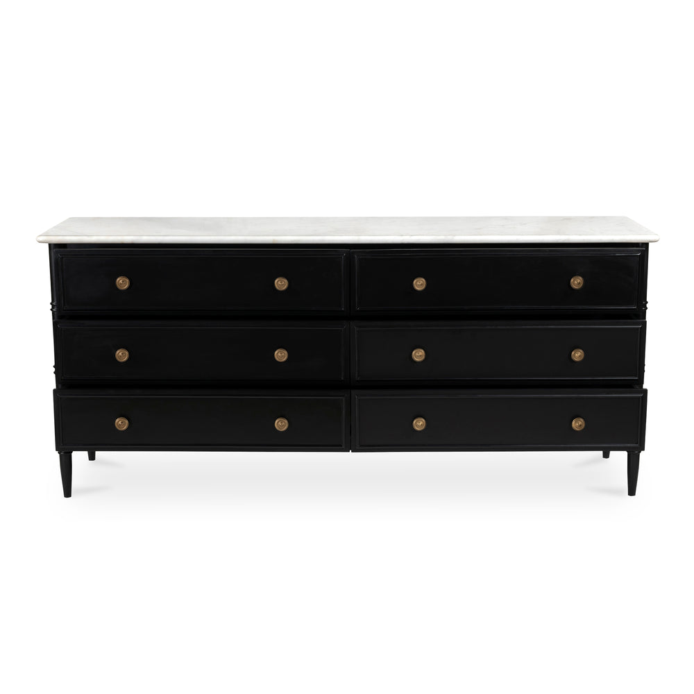 Moe's Home Eleanor 6-drawer Dresser With Marble Top And Antique Brass Handles – Timeless Provence Elegance Black Banswara Marble Top,Mdf Frame,Case,And Drawers Rp-1061-02