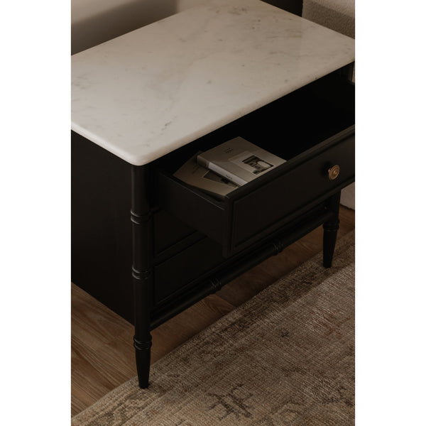 Moe's Home Eleanor Nightstand With Banswara Marble Top And Elegant Antique Brass Handles For Timeless Style Black Banswara Marble Top,Mdf Frame,Case,And Drawers Rp-1062-02