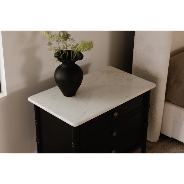 Moe's Home Eleanor Nightstand With Banswara Marble Top And Elegant Antique Brass Handles For Timeless Style Black Banswara Marble Top,Mdf Frame,Case,And Drawers Rp-1062-02
