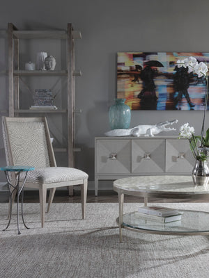 Lexington Artistica Home Gravitas Round Cocktail Table - Unique Capiz Shell Inlay & Hand-forged Iron Base For Elegant Living Spaces Champagne Wood 2050-943c