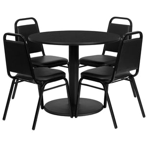 English Elm Jamie Elegant Round Table and Chair Set for Banquets, Conferences, and Dining Spaces - Durable Design Black Top/Black Vinyl Seat 36" Round RSRB1001-GG