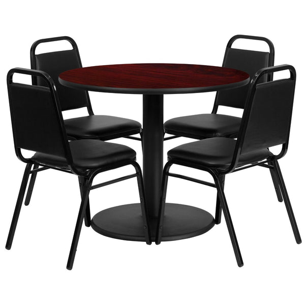 English Elm Jamie Elegant Round Table and Chair Set for Banquets, Conferences, and Dining Spaces - Durable Design Mahogany Top/Black Vinyl Seat 36" Round RSRB1002-GG
