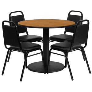 English Elm Jamie Elegant Round Table and Chair Set for Banquets, Conferences, and Dining Spaces - Durable Design Natural Top/Black Vinyl Seat 36" Round RSRB1003-GG