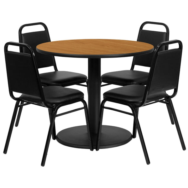 English Elm Jamie Elegant Round Table and Chair Set for Banquets, Conferences, and Dining Spaces - Durable Design Natural Top/Black Vinyl Seat 36" Round RSRB1003-GG