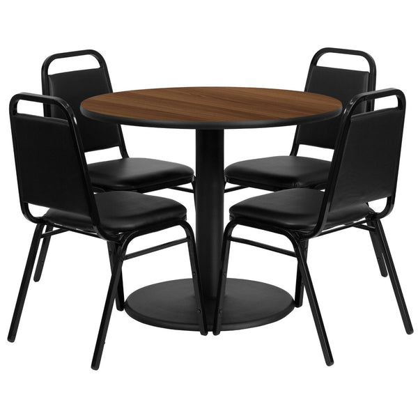 English Elm Jamie Elegant Round Table and Chair Set for Banquets, Conferences, and Dining Spaces - Durable Design Walnut Top/Black Vinyl Seat 36" Round RSRB1004-GG