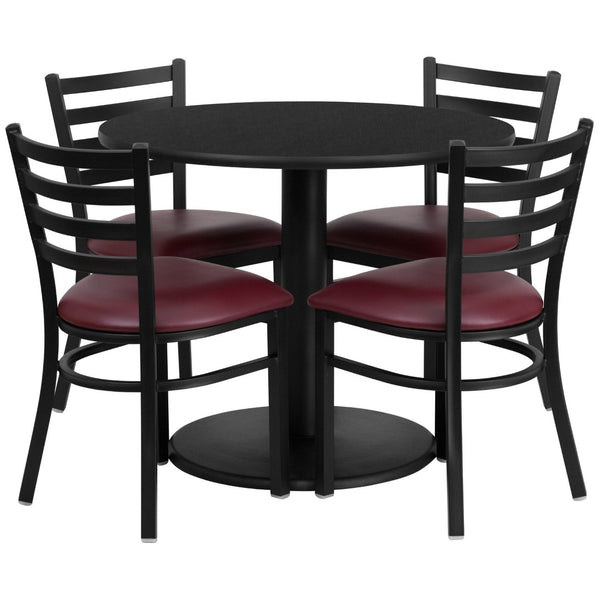 English Elm Jamie Durable Round Table Set with 4 Comfortable Ladder-Back Chairs - Perfect for Dining & Events Black Top/Burgundy Vinyl Seat 36" Round RSRB1005-GG