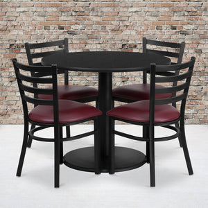 English Elm Jamie Durable Round Table Set with 4 Comfortable Ladder-Back Chairs - Perfect for Dining & Events Black Top/Burgundy Vinyl Seat 36" Round RSRB1005-GG