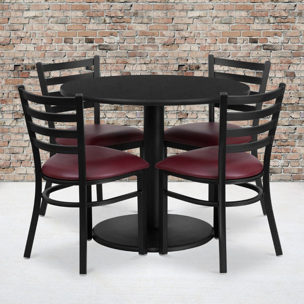 English Elm Jamie Durable Round Table Set with 4 Comfortable Ladder-Back Chairs - Perfect for Dining & Events Black Top/Burgundy Vinyl Seat 36" Round RSRB1005-GG