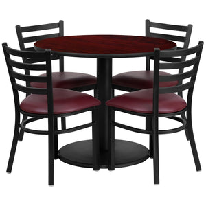 English Elm Jamie Durable Round Table Set with 4 Comfortable Ladder-Back Chairs - Perfect for Dining & Events Mahogany Top/Burgundy Vinyl Seat 36" Round RSRB1006-GG