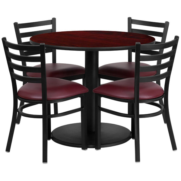 English Elm Jamie Durable Round Table Set with 4 Comfortable Ladder-Back Chairs - Perfect for Dining & Events Mahogany Top/Burgundy Vinyl Seat 36" Round RSRB1006-GG