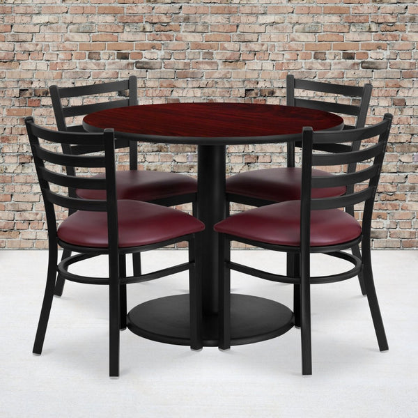 English Elm Jamie Durable Round Table Set with 4 Comfortable Ladder-Back Chairs - Perfect for Dining & Events Mahogany Top/Burgundy Vinyl Seat 36" Round RSRB1006-GG