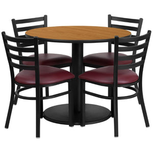 English Elm Jamie Durable Round Table Set with 4 Comfortable Ladder-Back Chairs - Perfect for Dining & Events Natural Top/Burgundy Vinyl Seat 36" Round RSRB1007-GG