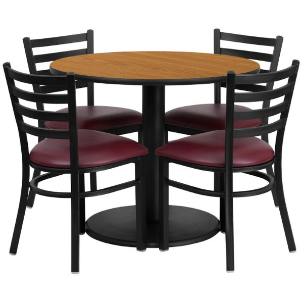 English Elm Jamie Durable Round Table Set with 4 Comfortable Ladder-Back Chairs - Perfect for Dining & Events Natural Top/Burgundy Vinyl Seat 36" Round RSRB1007-GG