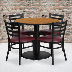 English Elm Jamie Durable Round Table Set with 4 Comfortable Ladder-Back Chairs - Perfect for Dining & Events Natural Top/Burgundy Vinyl Seat 36" Round RSRB1007-GG