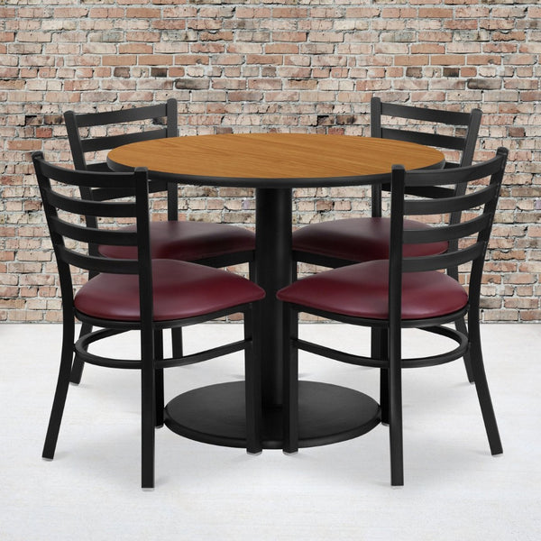 English Elm Jamie Durable Round Table Set with 4 Comfortable Ladder-Back Chairs - Perfect for Dining & Events Natural Top/Burgundy Vinyl Seat 36" Round RSRB1007-GG