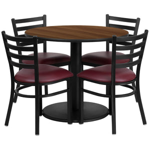 English Elm Jamie Durable Round Table Set with 4 Comfortable Ladder-Back Chairs - Perfect for Dining & Events Walnut Top/Burgundy Vinyl Seat 36" Round RSRB1008-GG