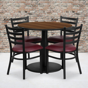 English Elm Jamie Durable Round Table Set with 4 Comfortable Ladder-Back Chairs - Perfect for Dining & Events Walnut Top/Burgundy Vinyl Seat 36" Round RSRB1008-GG