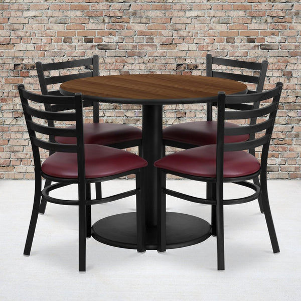 English Elm Jamie Durable Round Table Set with 4 Comfortable Ladder-Back Chairs - Perfect for Dining & Events Walnut Top/Burgundy Vinyl Seat 36" Round RSRB1008-GG