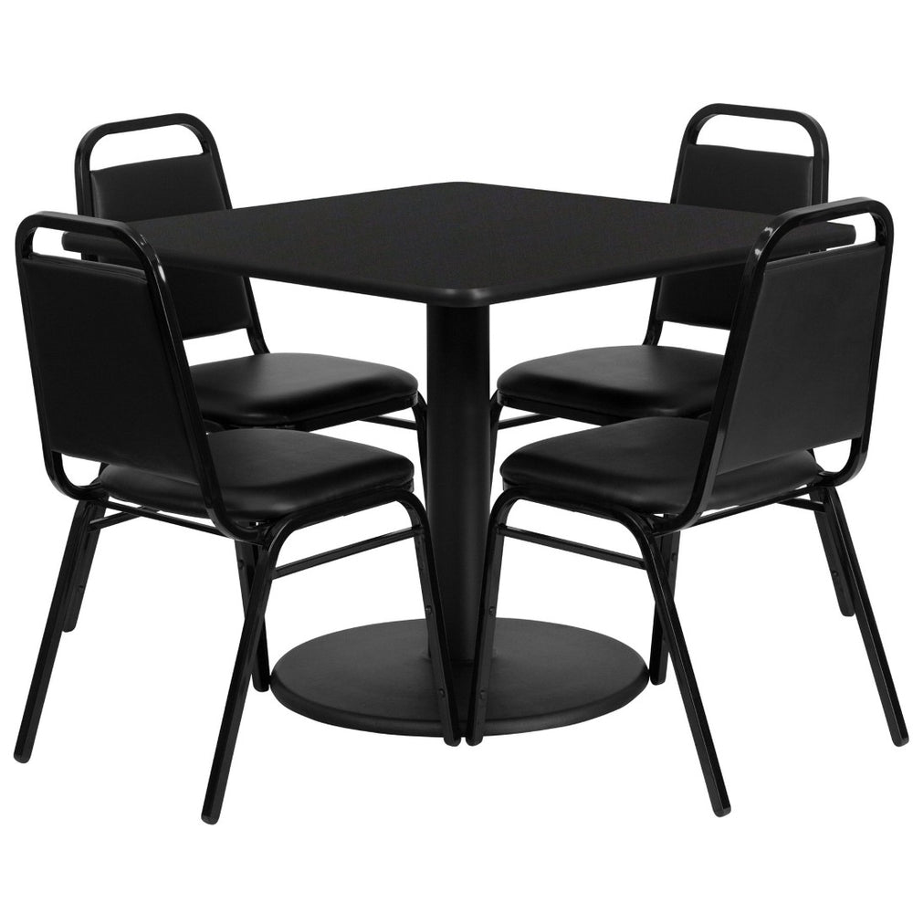 English Elm Jamie Complete Dining Set with Modern Square Table and 4 Comfortable Trapezoidal Back Chairs Black Top/Black Vinyl Seat 36" Square RSRB1009-GG