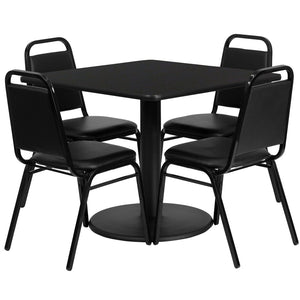 English Elm Jamie Complete Dining Set with Modern Square Table and 4 Comfortable Trapezoidal Back Chairs Black Top/Black Vinyl Seat 36" Square RSRB1009-GG