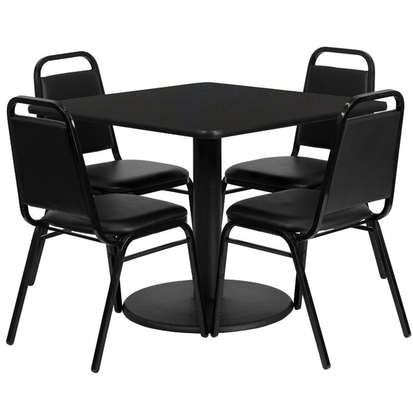 English Elm Jamie Complete Dining Set with Modern Square Table and 4 Comfortable Trapezoidal Back Chairs Black Top/Black Vinyl Seat 36" Square RSRB1009-GG