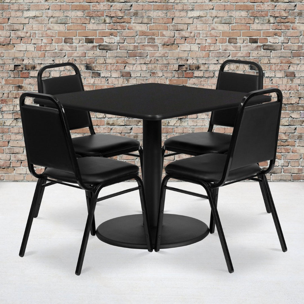 English Elm Jamie Complete Dining Set with Modern Square Table and 4 Comfortable Trapezoidal Back Chairs Black Top/Black Vinyl Seat 36" Square RSRB1009-GG