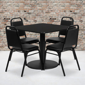 English Elm Jamie Complete Dining Set with Modern Square Table and 4 Comfortable Trapezoidal Back Chairs Black Top/Black Vinyl Seat 36" Square RSRB1009-GG