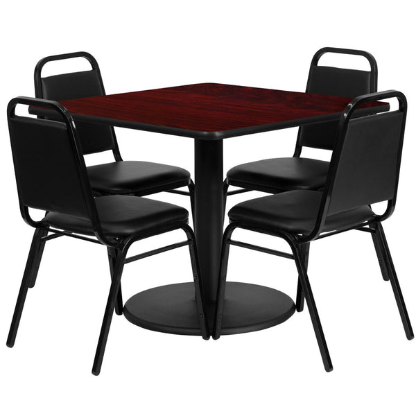 English Elm Jamie Complete Dining Set with Modern Square Table and 4 Comfortable Trapezoidal Back Chairs Mahogany Top/Black Vinyl Seat 36" Square RSRB1010-GG