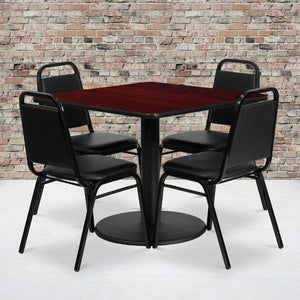 English Elm Jamie Complete Dining Set with Modern Square Table and 4 Comfortable Trapezoidal Back Chairs Mahogany Top/Black Vinyl Seat 36" Square RSRB1010-GG