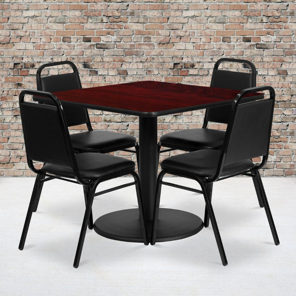 English Elm Jamie Complete Dining Set with Modern Square Table and 4 Comfortable Trapezoidal Back Chairs Mahogany Top/Black Vinyl Seat 36" Square RSRB1010-GG