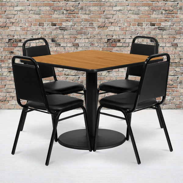 English Elm Jamie Complete Dining Set with Modern Square Table and 4 Comfortable Trapezoidal Back Chairs Natural Top/Black Vinyl Seat 36" Square RSRB1011-GG