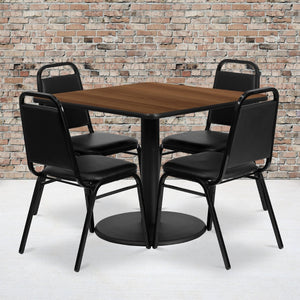 English Elm Jamie Complete Dining Set with Modern Square Table and 4 Comfortable Trapezoidal Back Chairs Walnut Top/Black Vinyl Seat 36" Square RSRB1012-GG
