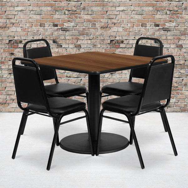 English Elm Jamie Complete Dining Set with Modern Square Table and 4 Comfortable Trapezoidal Back Chairs Walnut Top/Black Vinyl Seat 36" Square RSRB1012-GG