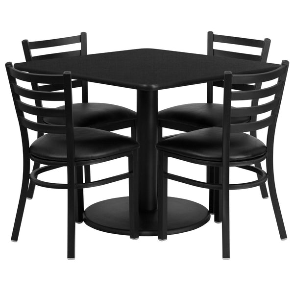 English Elm Jamie Durable Square Table Set with Stylish Ladder Back Chairs for Restaurants and Banquets Black Top/Black Vinyl Seat 36" Square RSRB1013-GG