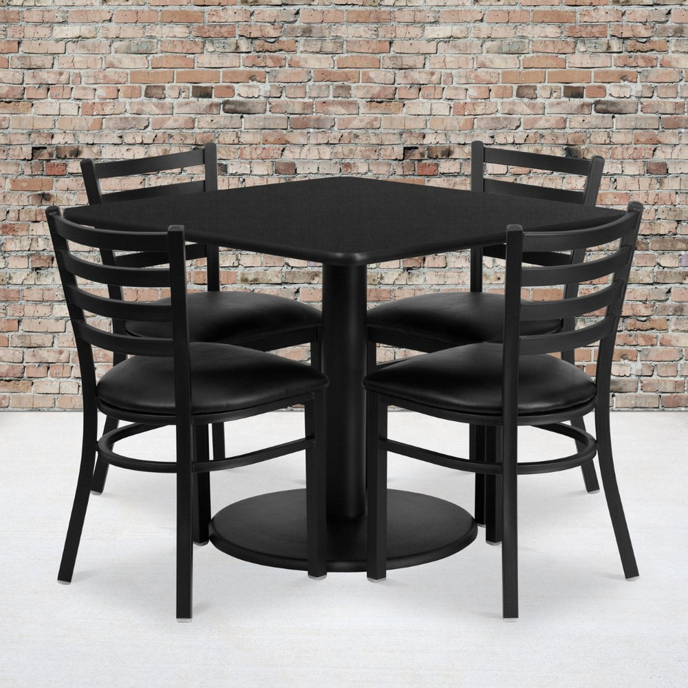 English Elm Jamie Durable Square Table Set with Stylish Ladder Back Chairs for Restaurants and Banquets Black Top/Black Vinyl Seat 36" Square RSRB1013-GG