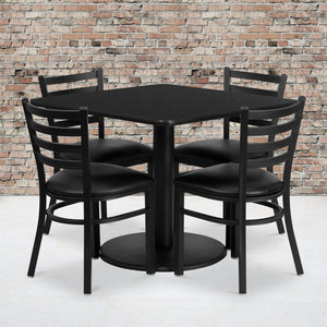 English Elm Jamie Durable Square Table Set with Stylish Ladder Back Chairs for Restaurants and Banquets Black Top/Black Vinyl Seat 36" Square RSRB1013-GG