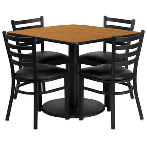 English Elm Jamie Durable Square Table Set with Stylish Ladder Back Chairs for Restaurants and Banquets Natural Top/Black Vinyl Seat 36" Square RSRB1015-GG