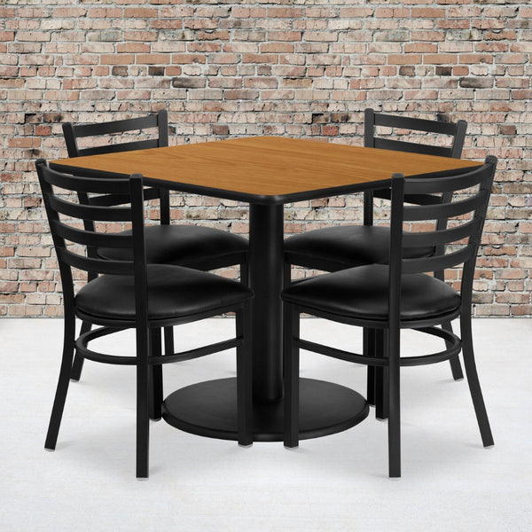 English Elm Jamie Durable Square Table Set with Stylish Ladder Back Chairs for Restaurants and Banquets Natural Top/Black Vinyl Seat 36" Square RSRB1015-GG