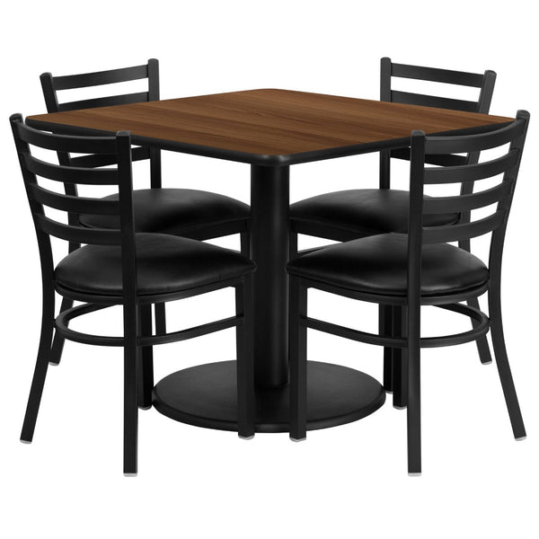 English Elm Jamie Durable Square Table Set with Stylish Ladder Back Chairs for Restaurants and Banquets Walnut Top/Black Vinyl Seat 36" Square RSRB1016-GG