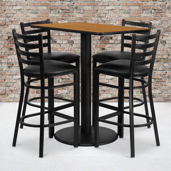 English Elm Jamie Complete Bar-Height Table and Stool Set for Dining or Hospitality Spaces - Modern Design Natural Top/Black Vinyl Seat 24"W x 42"L RSRB1019-GG