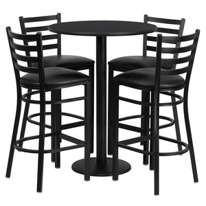 English Elm Jamie Elegant Round Laminate Table Set with Heavy-Duty Base and 4 Comfortable Metal Barstools Black Top/Black Vinyl Seat 30" Round RSRB1021-GG