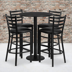 English Elm Jamie Elegant Round Laminate Table Set with Heavy-Duty Base and 4 Comfortable Metal Barstools Black Top/Black Vinyl Seat 30" Round RSRB1021-GG