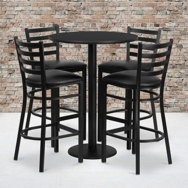 English Elm Jamie Elegant Round Laminate Table Set with Heavy-Duty Base and 4 Comfortable Metal Barstools Black Top/Black Vinyl Seat 30" Round RSRB1021-GG