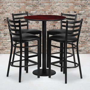 English Elm Jamie Elegant Round Laminate Table Set with Heavy-Duty Base and 4 Comfortable Metal Barstools Mahogany Top/Black Vinyl Seat 30" Round RSRB1022-GG